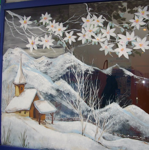 payage de neige pour vitrine de noël elne